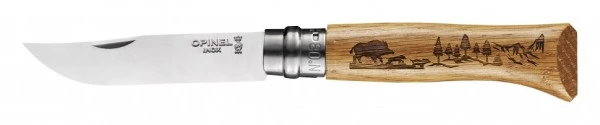 Нож Opinel №8, нержавеющая сталь, рукоять дуб, гравировка кабан. 002331 Нож Opinel №8, нержавеющая сталь, рукоять дуб, гравировка кабан. 002331