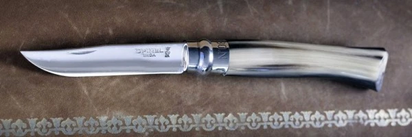 Нож Opinel №8, нержавеющая сталь, полированный клинок, рукоять светлый рог буйвола, дерев футляр, 000980 Нож Opinel №8, нержавеющая сталь, полированный клинок, рукоять светлый рог буйвола, дерев футляр, 000980