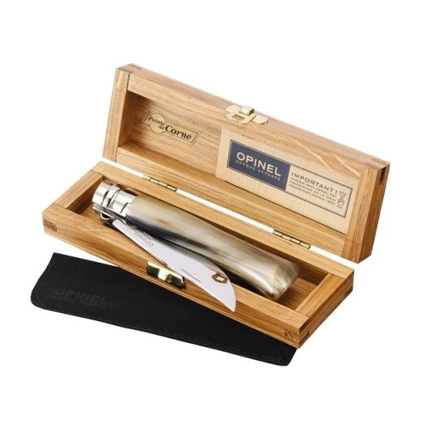 Нож Opinel №8, нержавеющая сталь, полированный клинок, рукоять светлый рог буйвола, дерев футляр, 000980 Нож Opinel №8, нержавеющая сталь, полированный клинок, рукоять светлый рог буйвола, дерев футляр, 000980