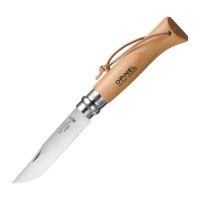 Нож Opinel №8, нержавеющая сталь, рукоять из бука, с кожаным темляком, 001321 Нож Opinel №8, нержавеющая сталь, рукоять из бука, с кожаным темляком, 001321