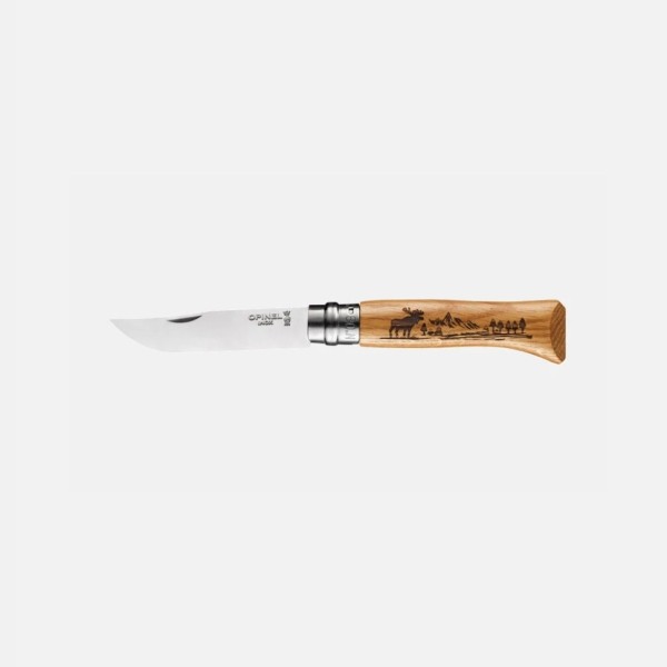 Нож Opinel №8 Animalia, нержавеющая сталь, рукоять дуб, гравировка лось Нож Opinel №8 Animalia, нержавеющая сталь, рукоять дуб, гравировка лось