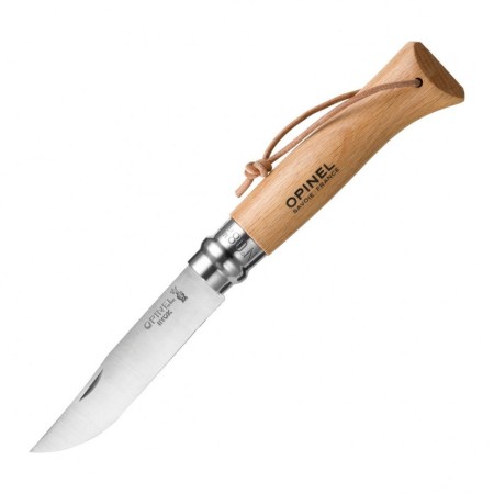 Нож Opinel №8, нержавеющая сталь, рукоять из бука, с кожаным темляком, 001321