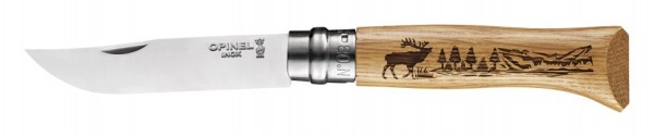 Нож Opinel №8, нержавеющая сталь, рукоять дуб, гравировка олень, 002332 Нож Opinel №8, нержавеющая сталь, рукоять дуб, гравировка олень, 002332