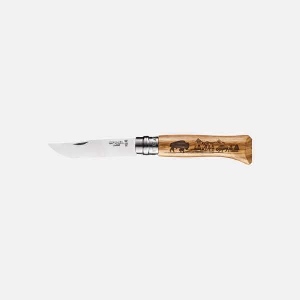 Нож Opinel №8 Animalia, нержавеющая сталь, рукоять дуб, гравировка бизон Нож Opinel №8 Animalia, нержавеющая сталь, рукоять дуб, гравировка бизон
