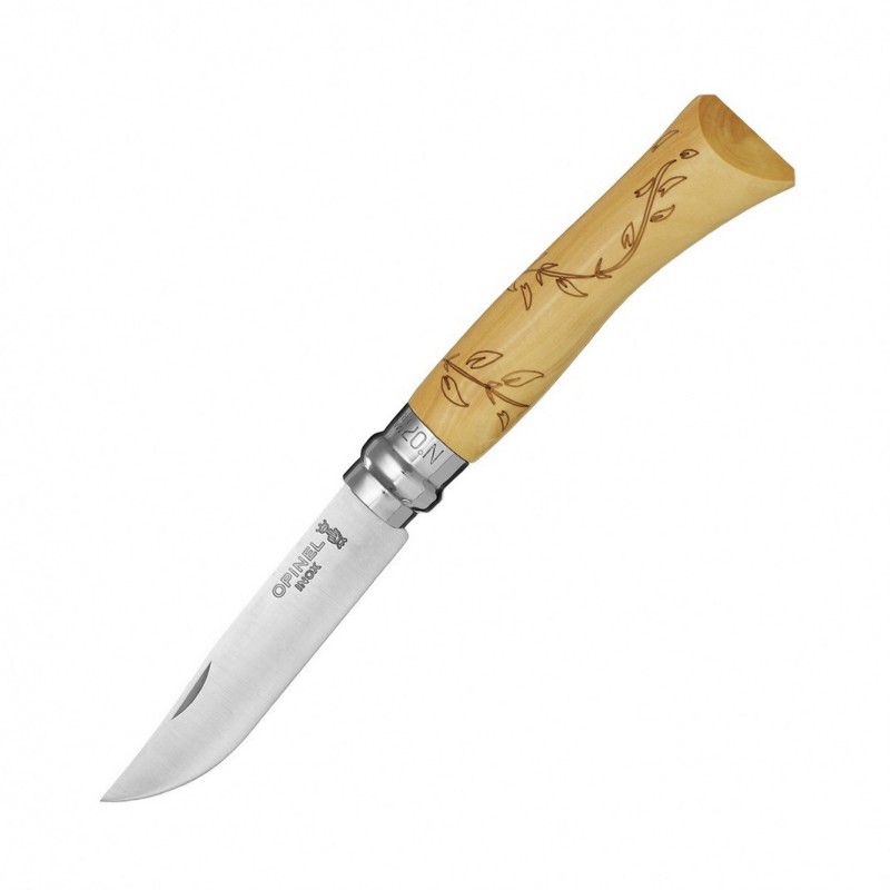 Нож Opinel №7 Nature, нержавеющая сталь, рукоять самшит, гравировка листья
