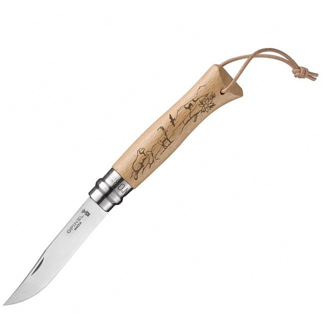 Нож Opinel №8 Trekking, нержавеющая сталь, рукоять бук, гравировка сурок, козел и эдельвейс, темляк