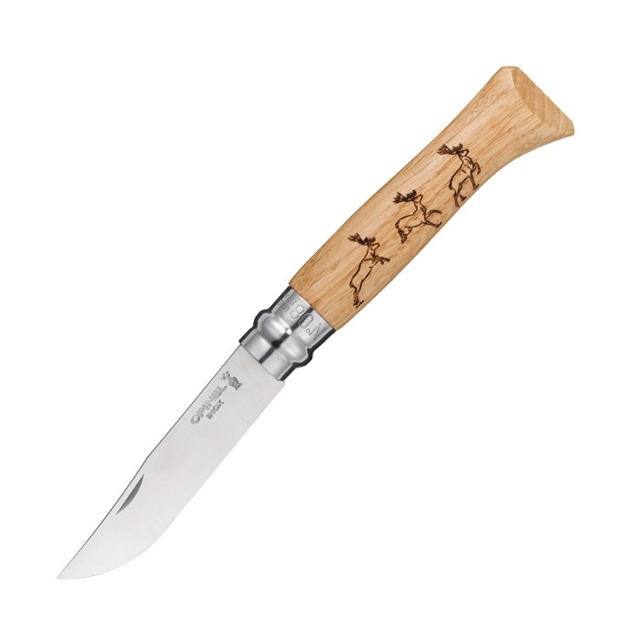 Нож Opinel №8 Animalia, нержавеющая сталь, рукоять дуб, гравировка олени