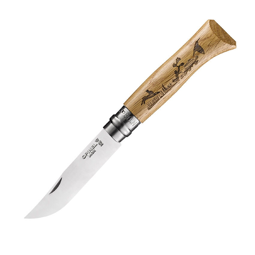 Нож Opinel №8, нержавеющая сталь, рукоять дуб, гравировка заяц, 002333