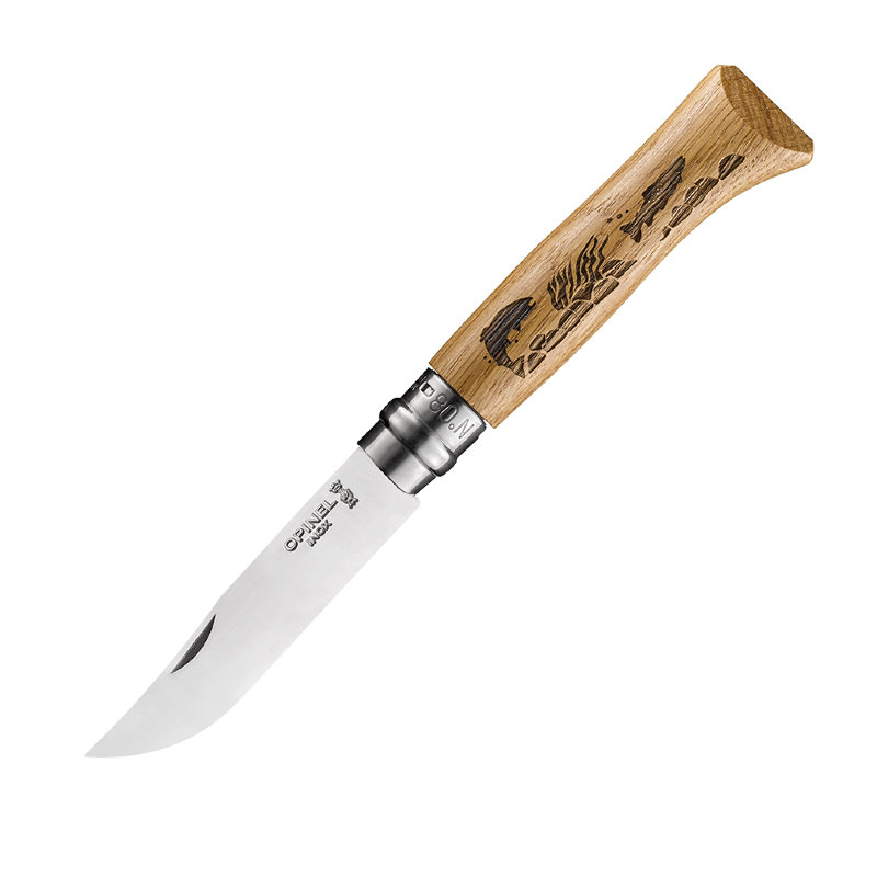 Нож Opinel №8, нержавеющая сталь, рукоять дуб, гравировка рыба, 002334