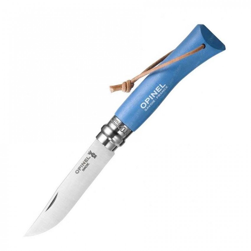 Нож Opinel №7 Trekking, нержавеющая сталь, кожаный темляк, синий