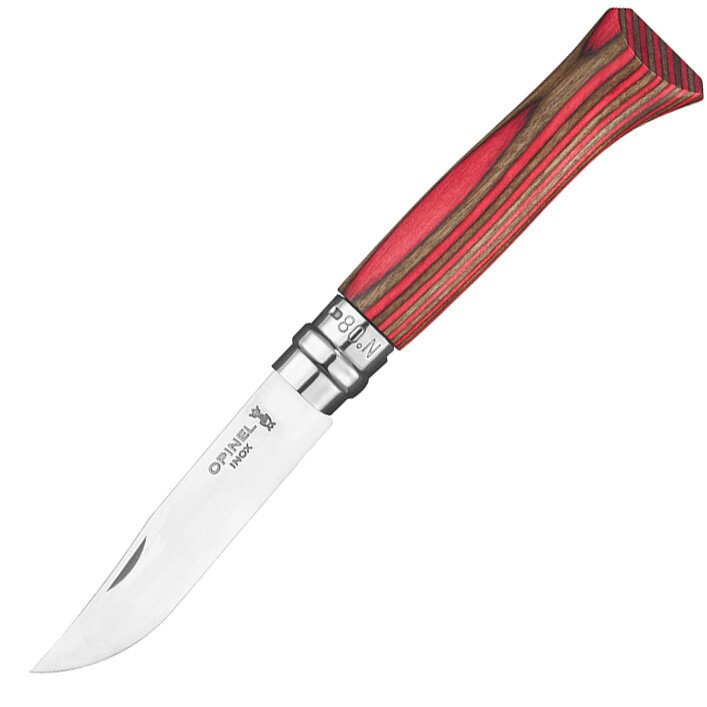 Нож Opinel №08, нержавеющая сталь, ручка из березы, красная  ручка, 002390