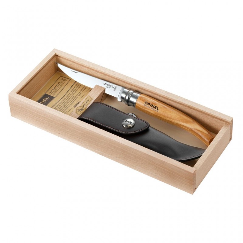 Нож филейный Opinel №10,  нержавеющая сталь, рукоять оливковое дерево, чехол, деревянный футляр