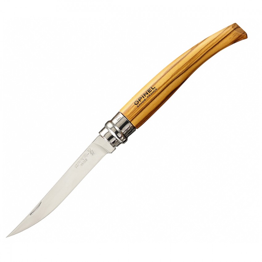 Нож филейный Opinel №10,  нержавеющая сталь, рукоять оливковое дерево, чехол, деревянный футляр