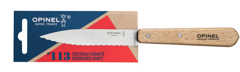 Нож столовый серрейторный Opinel №113, деревянная рукоять, нержавеющая сталь, блистер, 001918